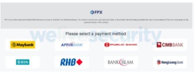 Después de elegir la opción de transferencia directa, a las víctimas se les presenta una página de pago falsa de FPX (Eset)