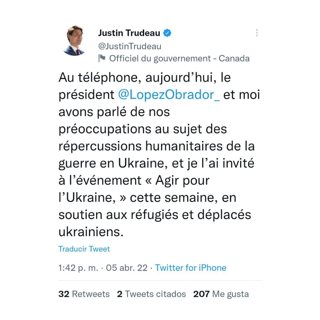El primer ministro de Canadá, Justin Trudeau, informó en su cuenta de Twitter que había invitado a AMLO al evento por las víctimas de la guerra en Ucrania (Foto: Captura de pantalla / Twitter @JustinTrudeau)