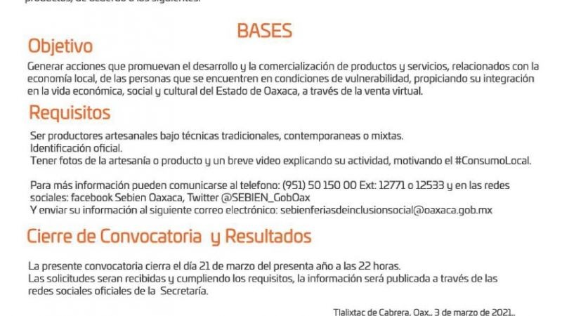 Lanza Sebien convocatoria de la Feria de Inclusión Social en Redes 2021